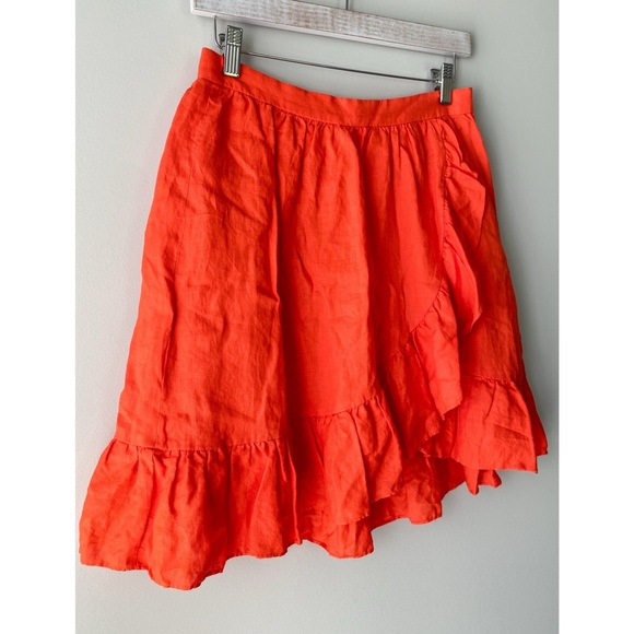 J Crew Womens 100% Linen Ruffle Mini Skirt 2 Orange Preppy Feminine A Line - Picture 4 of 10